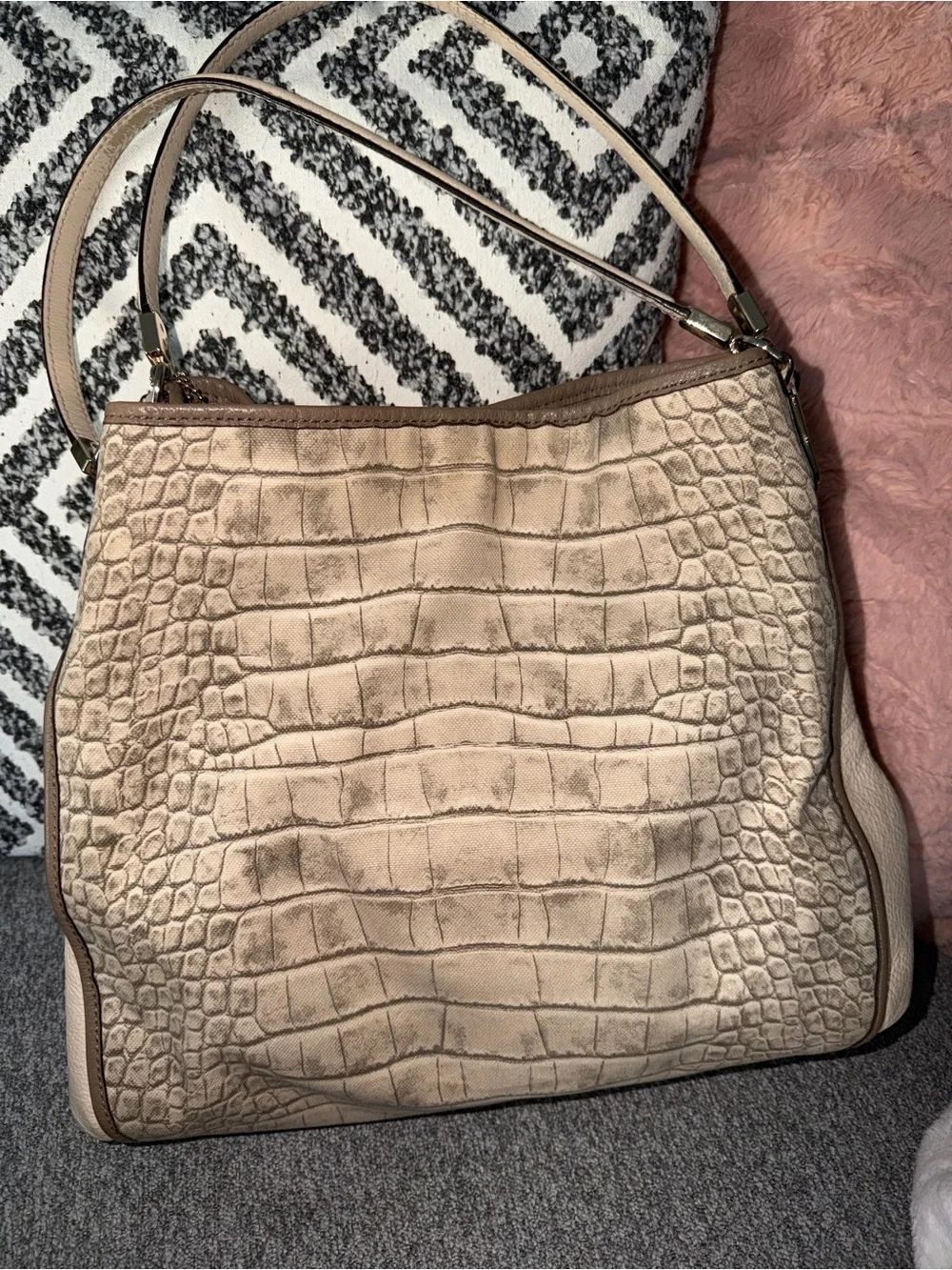 Coach Beige Croc-Embossed Canvas and Pebbled Leather Madison Shoulder Bag